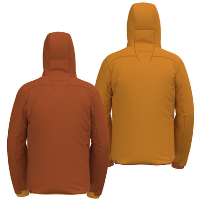 Reversible insulated jacket back view with orange and dark orange hooded panels