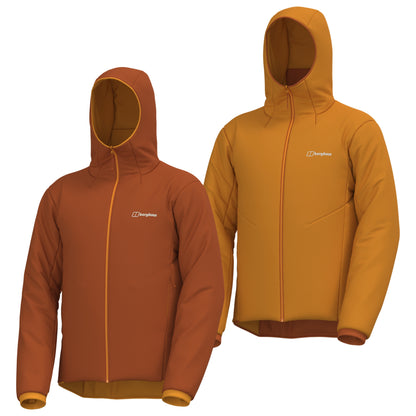 Men's reversible insulated jacket front view with orange zip and dark orange cuffs