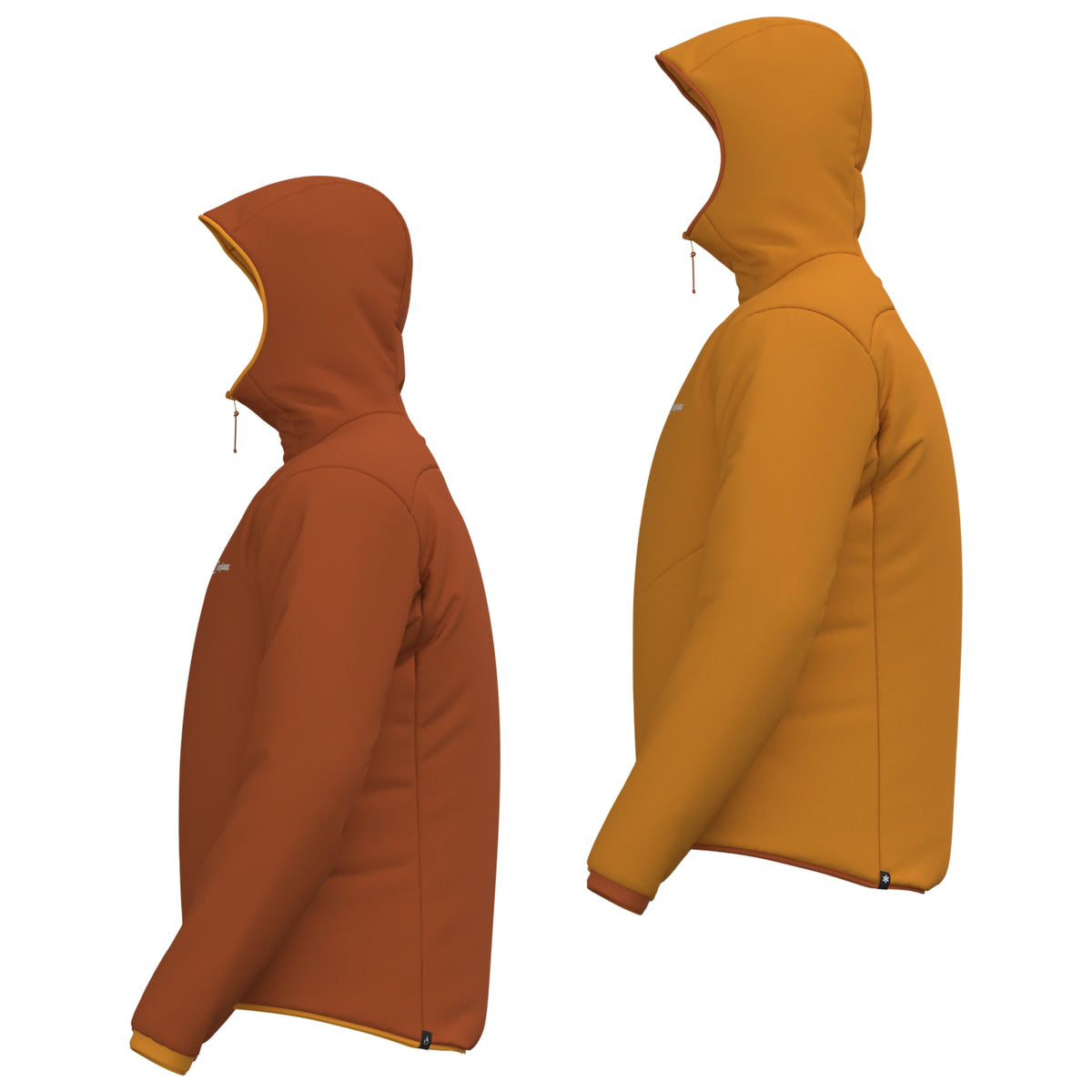 Reversible insulated jacket side profile with orange and dark orange hood and zipper