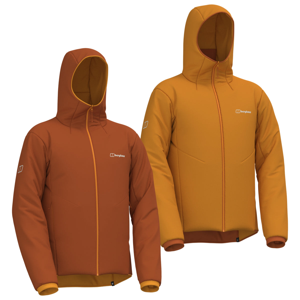 Men's hooded reversible insulated jacket angled front view in orange and dark orange