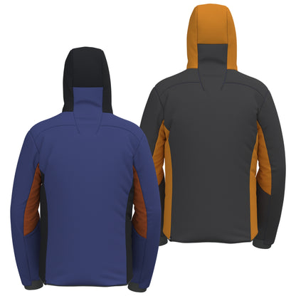Reversible insulated jacket, blue with hood and side orange panels, black hood lining