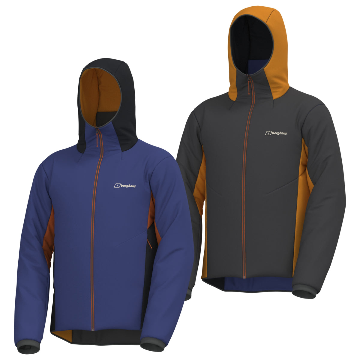 Reversible insulated jacket, blue with orange zipper; dark hooded reverse panel