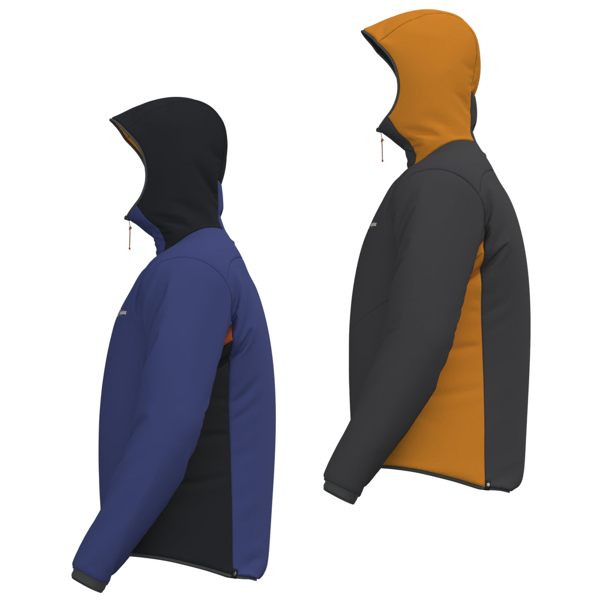 Reversible insulated jacket, side view of blue and orange hooded panels with zipper