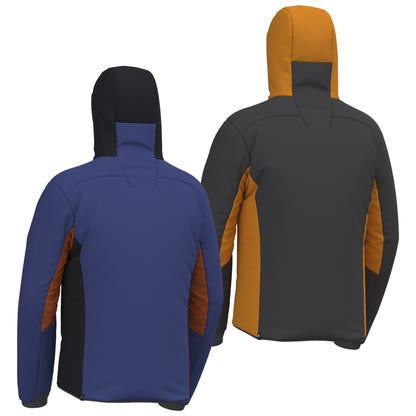Reversible insulated jacket, blue front and dark back with orange inner accents