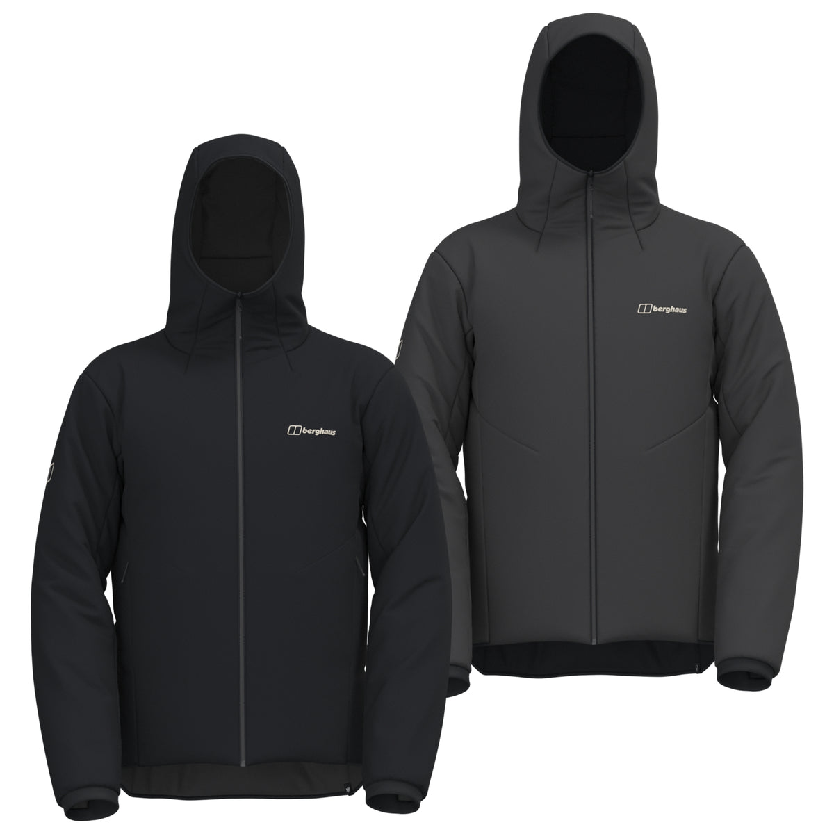 Black reversible insulated jacket, front view with hood and zipper closure