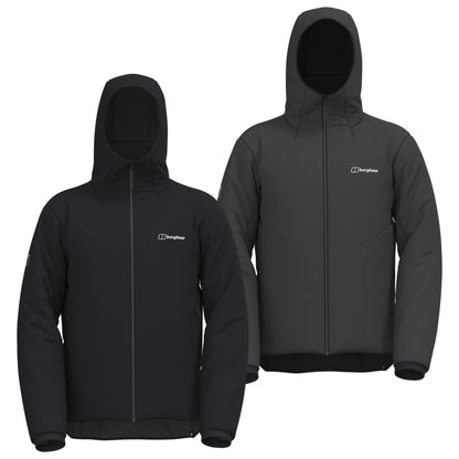 Black reversible insulated jacket, front view with hood and zipper closure