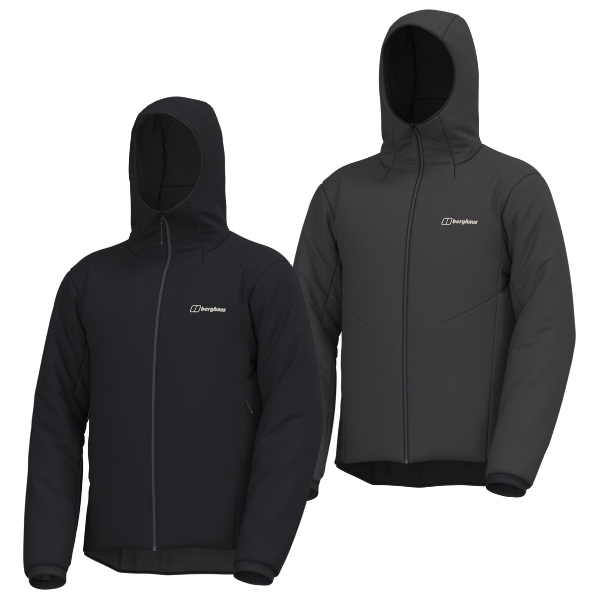 Men's black reversible insulated jacket, front zipper and hood