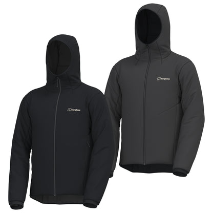 Men's black reversible insulated jacket, front zipper and hood