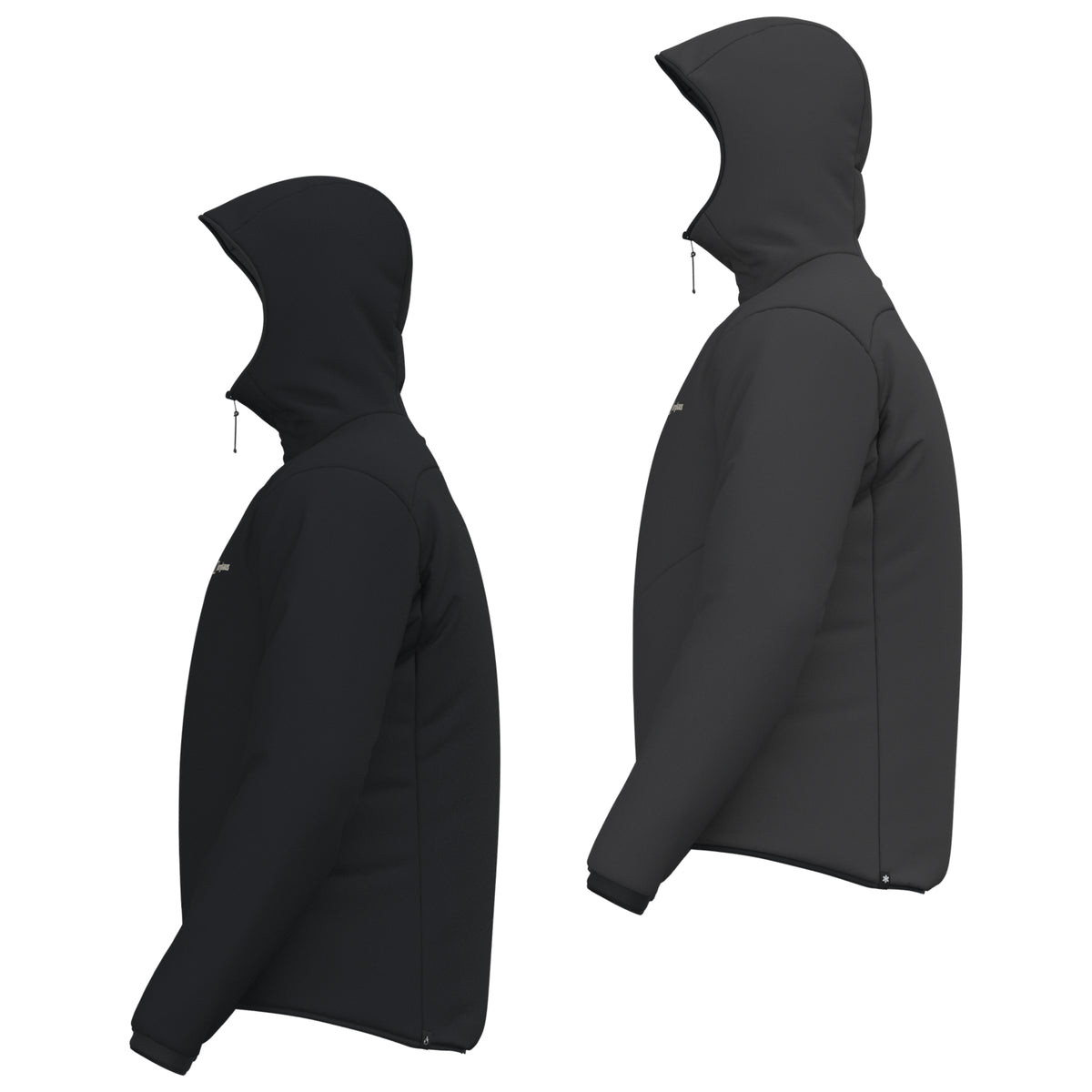 Black reversible insulated jacket, side view with zip front and hood