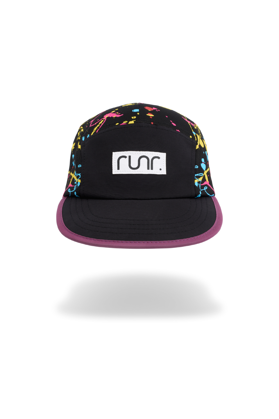 Black technical running cap with multicolor speckled pattern and RUNR logo front patch