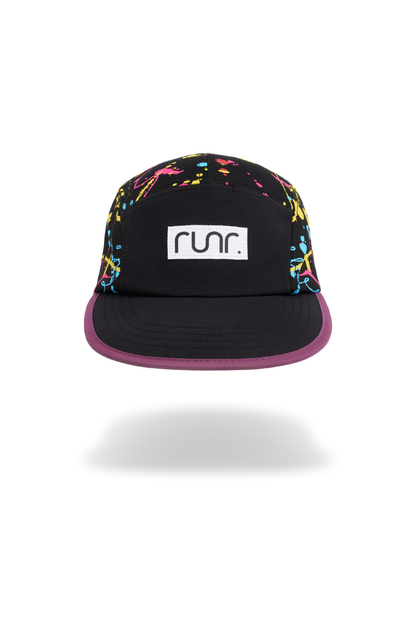 Black technical running cap with multicolor speckled pattern and RUNR logo front patch