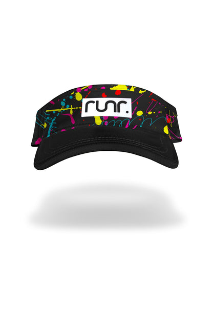 Black running visor with colorful splatter print and front 'runr' logo