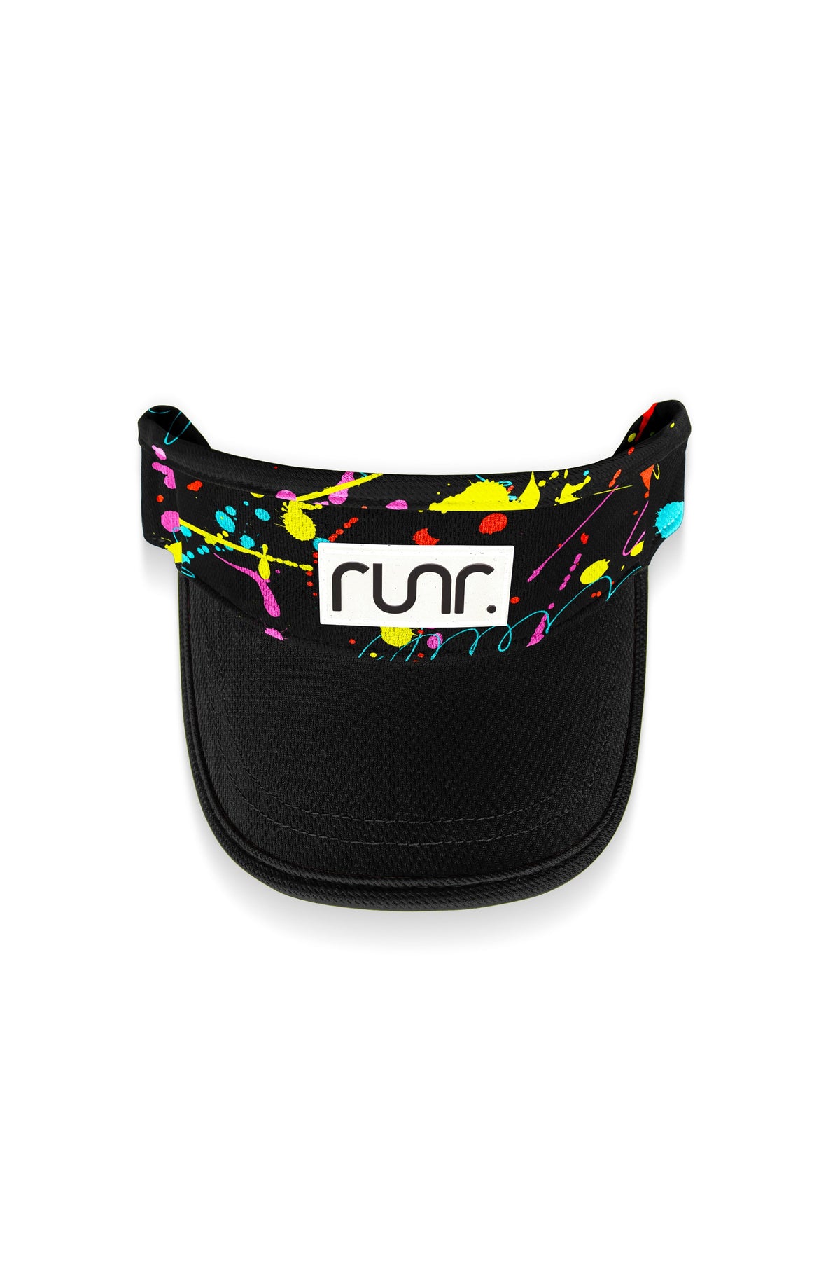 Black running visor with colorful splatter print and centered 'runr' logo
