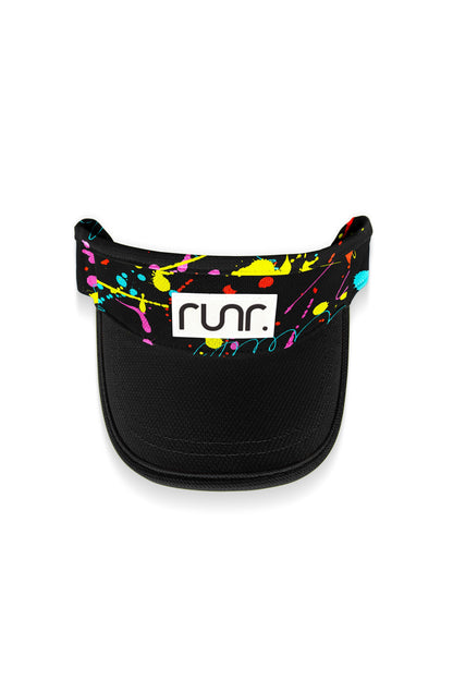 Black running visor with colorful splatter print and centered 'runr' logo