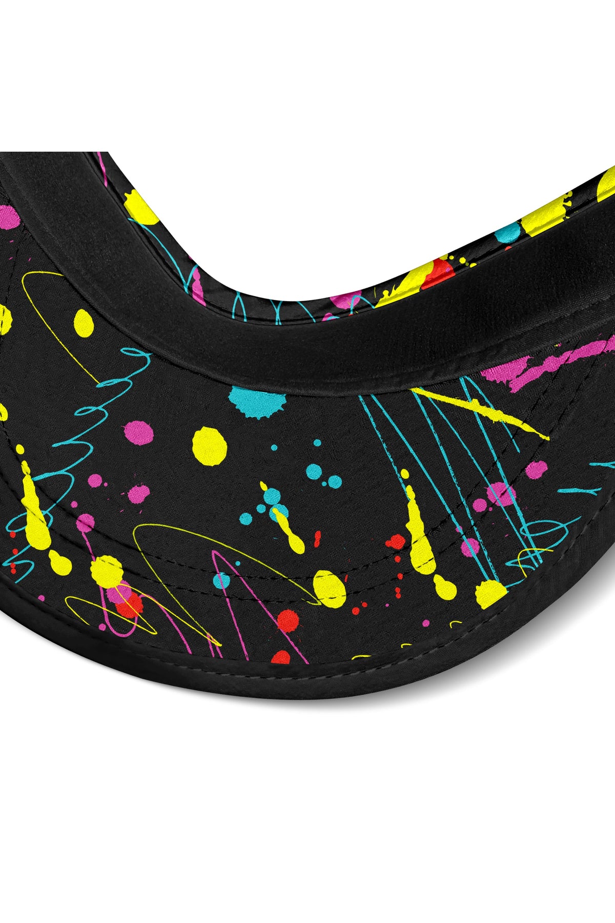 Close-up of black running visor brim with colorful splatter graphics