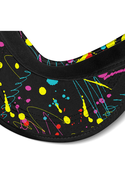 Close-up of black running visor brim with colorful splatter graphics