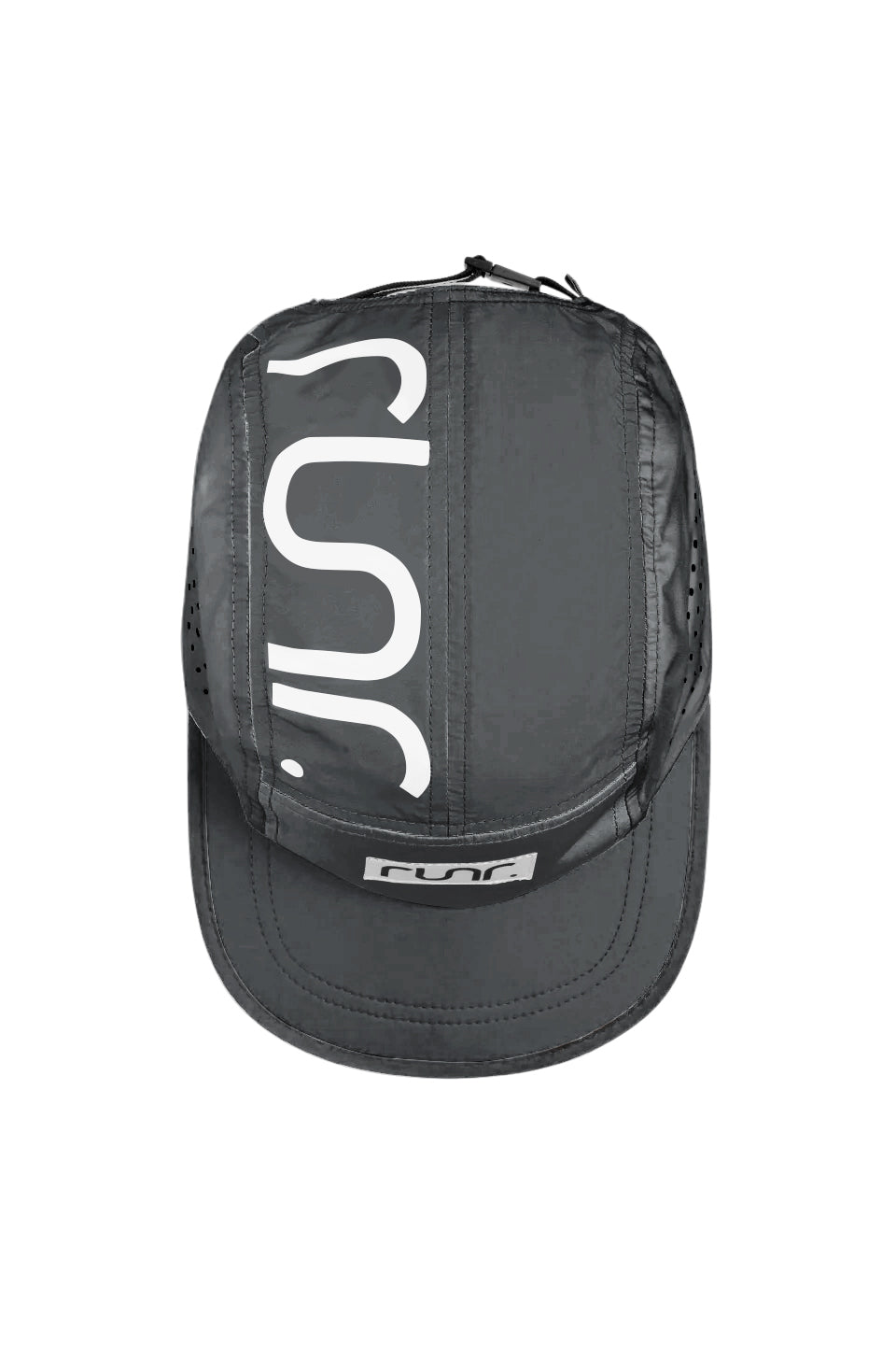 Technical running cap in dark gray with large RUNR S graphic and adjustable top