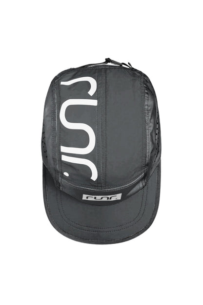 Technical running cap in dark gray with large RUNR S graphic and adjustable top