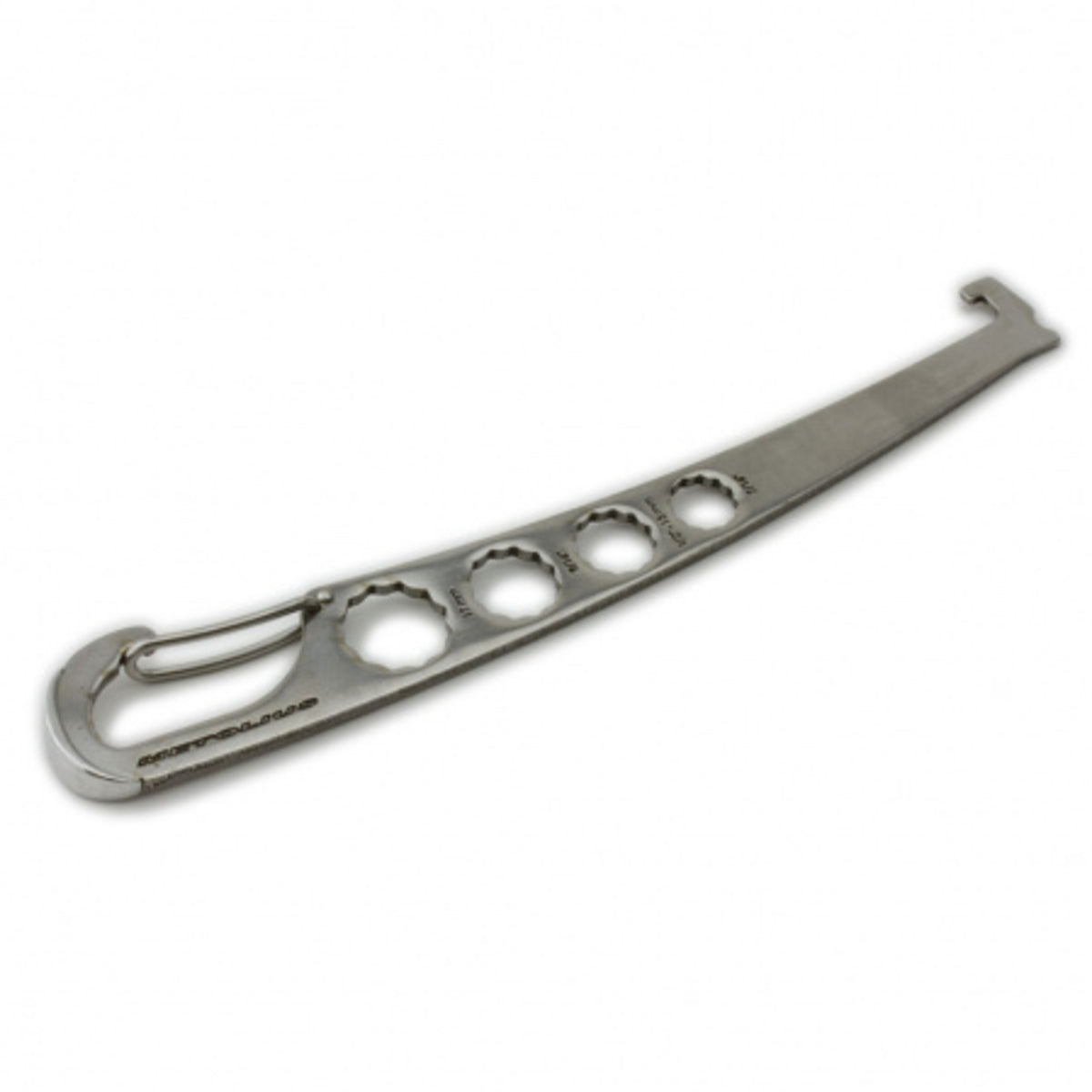 Metolius torque nut tool, metal wrench with perforated bar and end hook