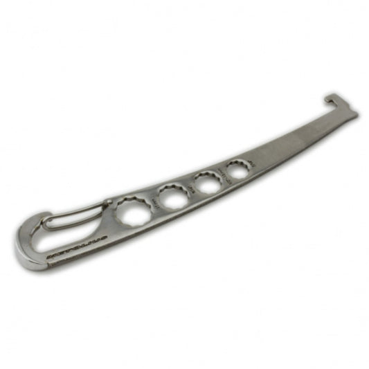 Metolius torque nut tool, metal wrench with perforated bar and end hook
