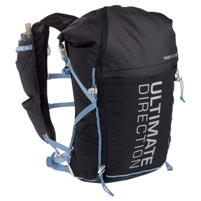 Black and blue running backpack with brand name 'Ultimate Direction' on a white back ground