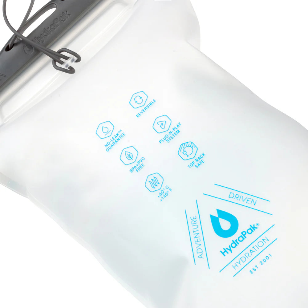 HydraPak water bottle with branding and features on a white background