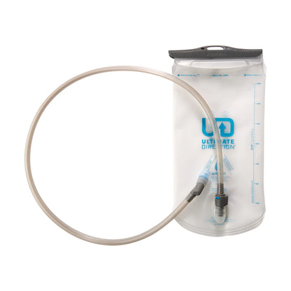 Clear hydration bladder with hose on a white background, featuring the Ultimate Direction logo.