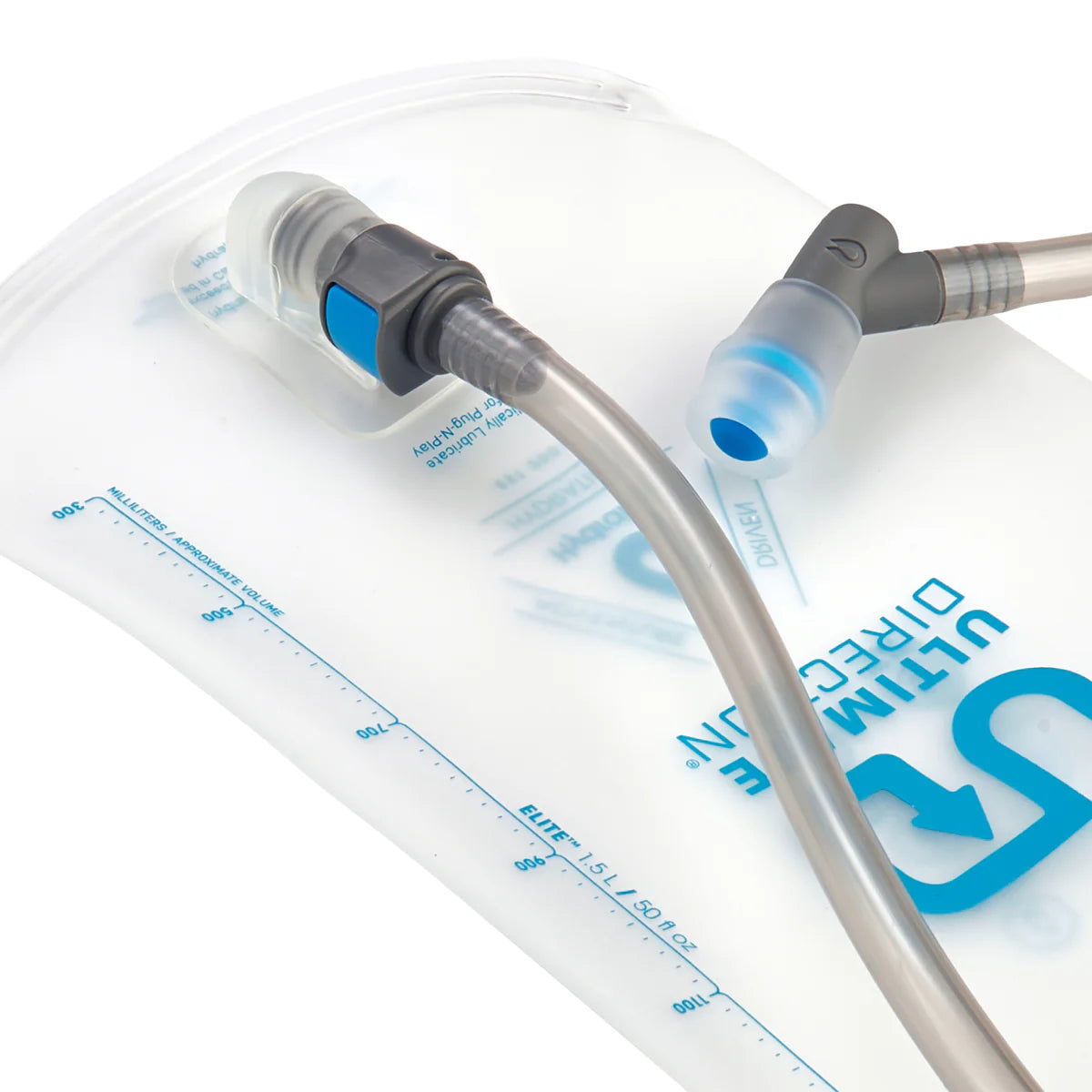 Clear plastic water bladder, with measurement markings and a drinking hose attached on a white background
