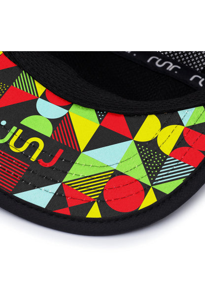 Black running cap brim with colorful graphic lining at the edge.