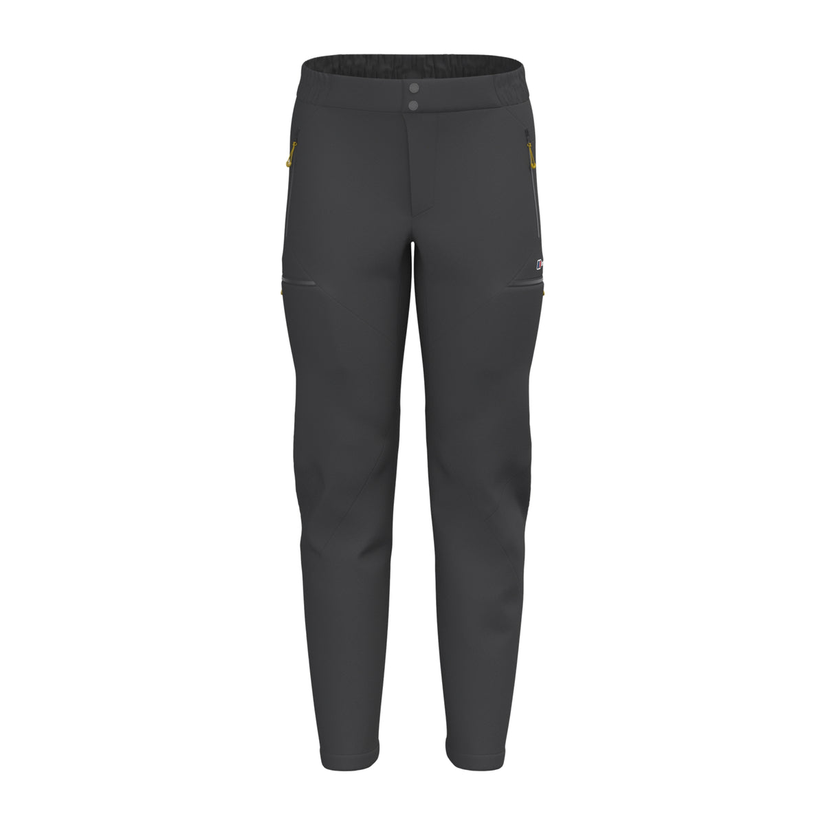 Black athletic pants with elastic waistband and tapered legs; small side logo accents