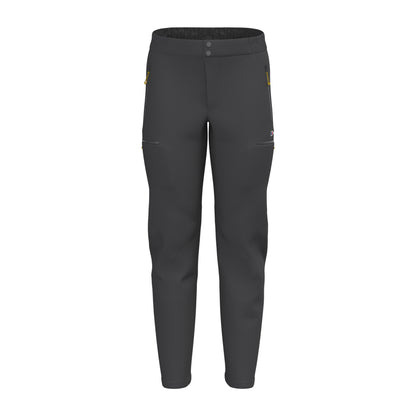 Black athletic pants with elastic waistband and tapered legs; small side logo accents