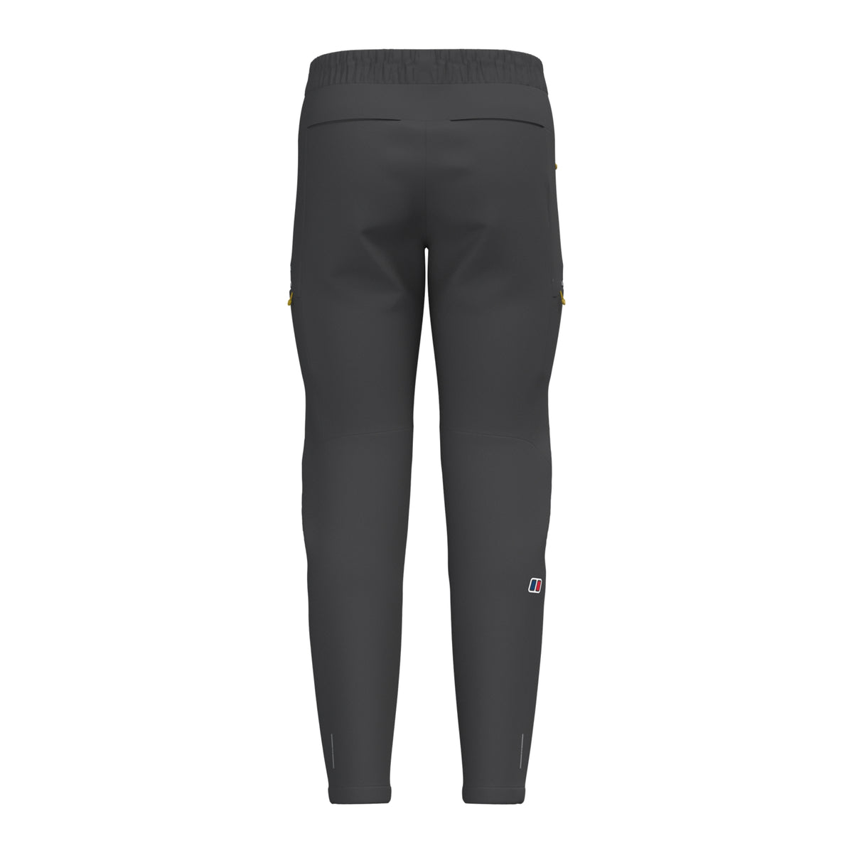 Black athletic pants rear view with elastic waistband and tapered ankle cuffs
