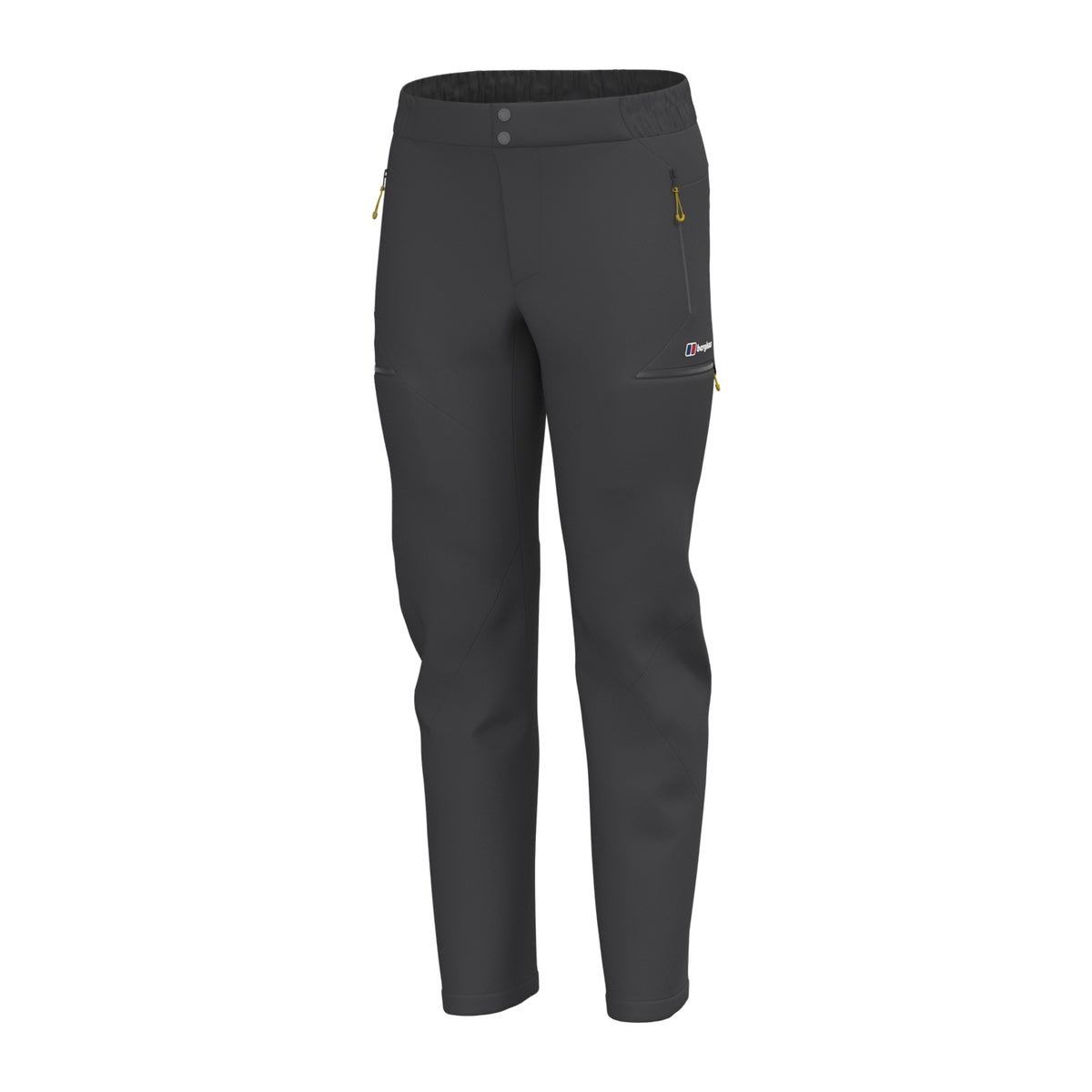 Black athletic pants side view with elastic waistband and small logo patch on thigh