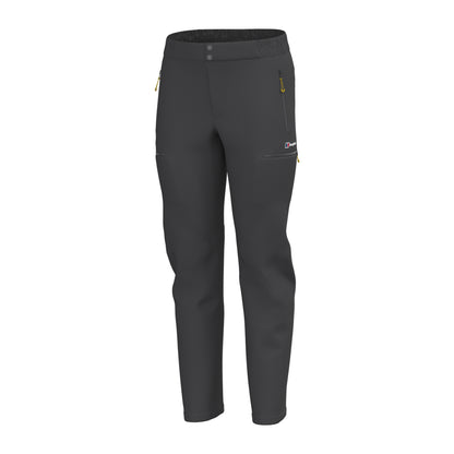 Black athletic pants side view with elastic waistband and small logo patch on thigh