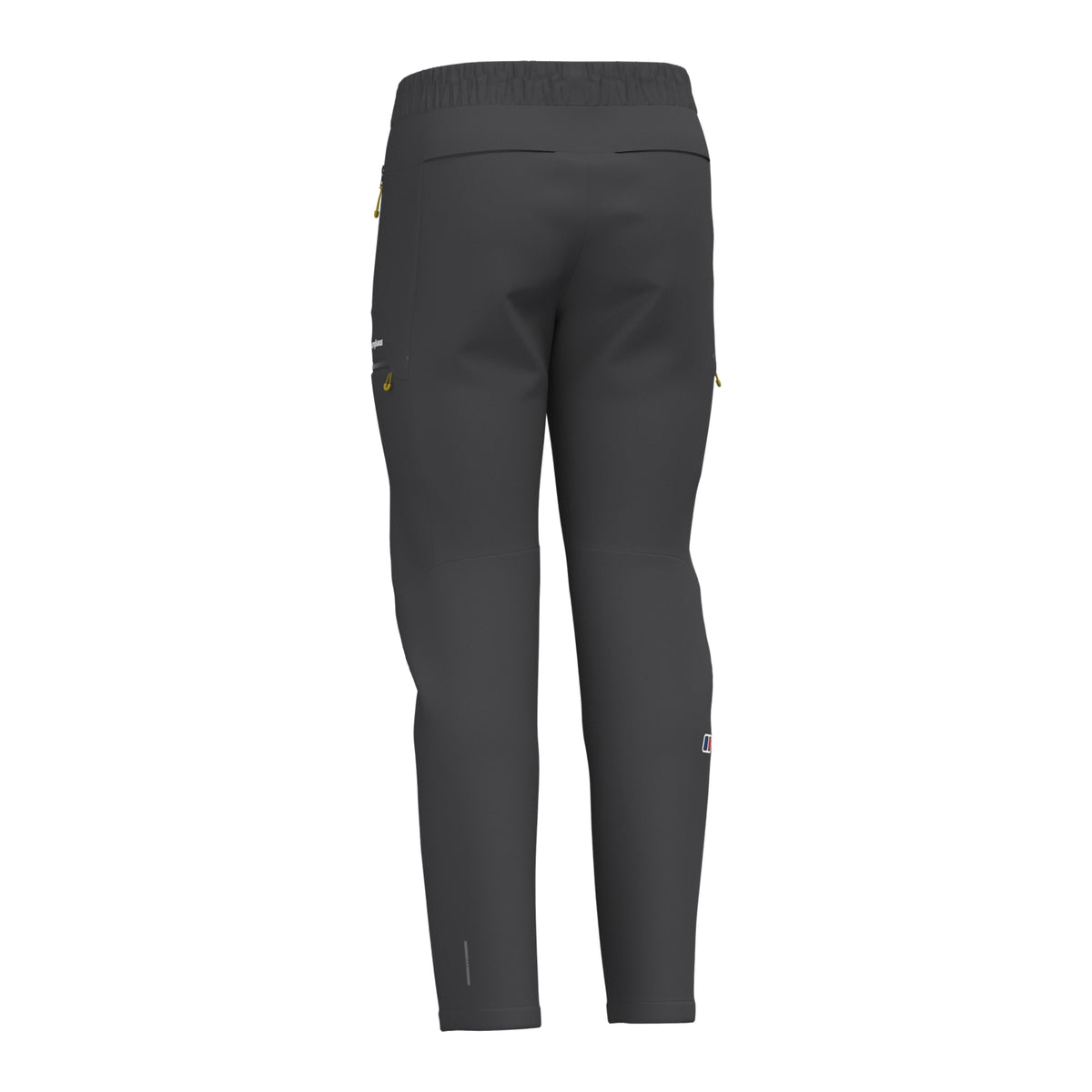 Black athletic pants front view with elastic waistband and small side zipper accents