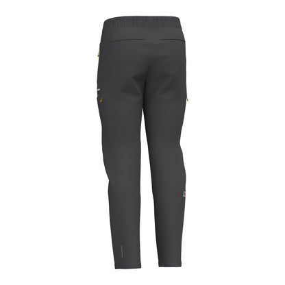 Black athletic pants front view with elastic waistband and small side zipper accents