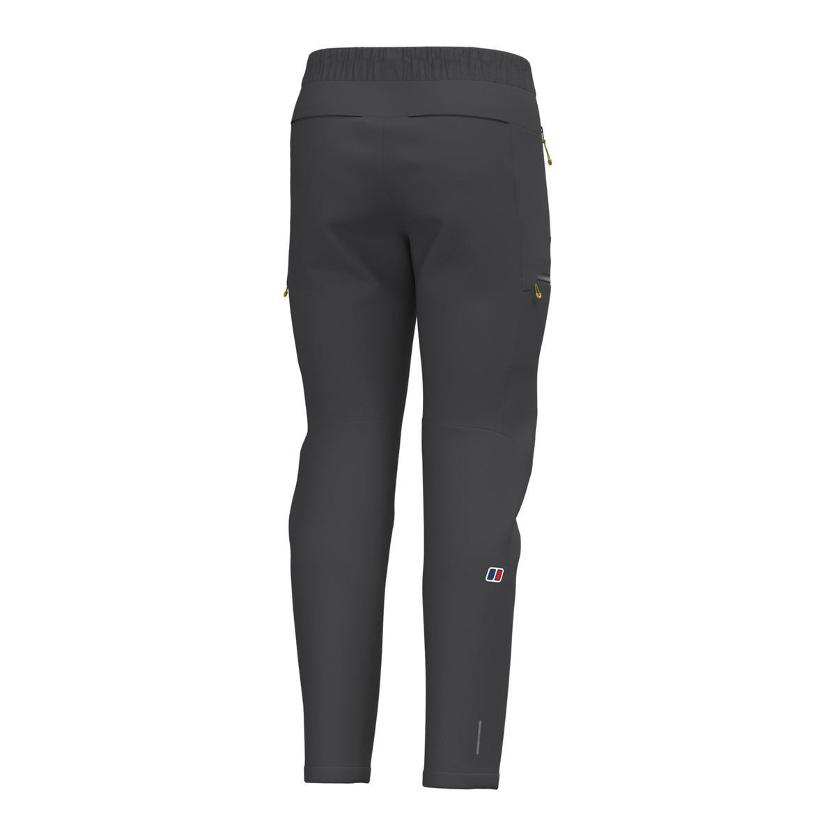 Black athletic pants rear view with elastic waistband and small logo patch on leg