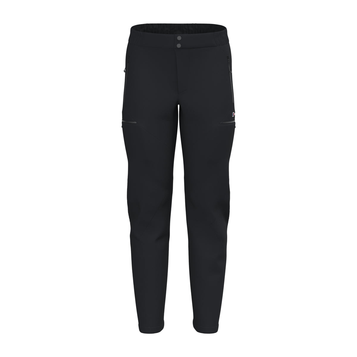Black athletic pants front view with elastic waistband and small side logo accents