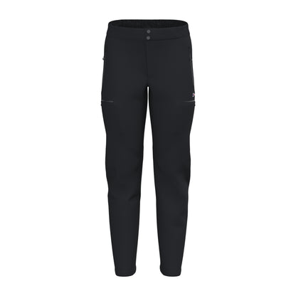 Black athletic pants front view with elastic waistband and small side logo accents