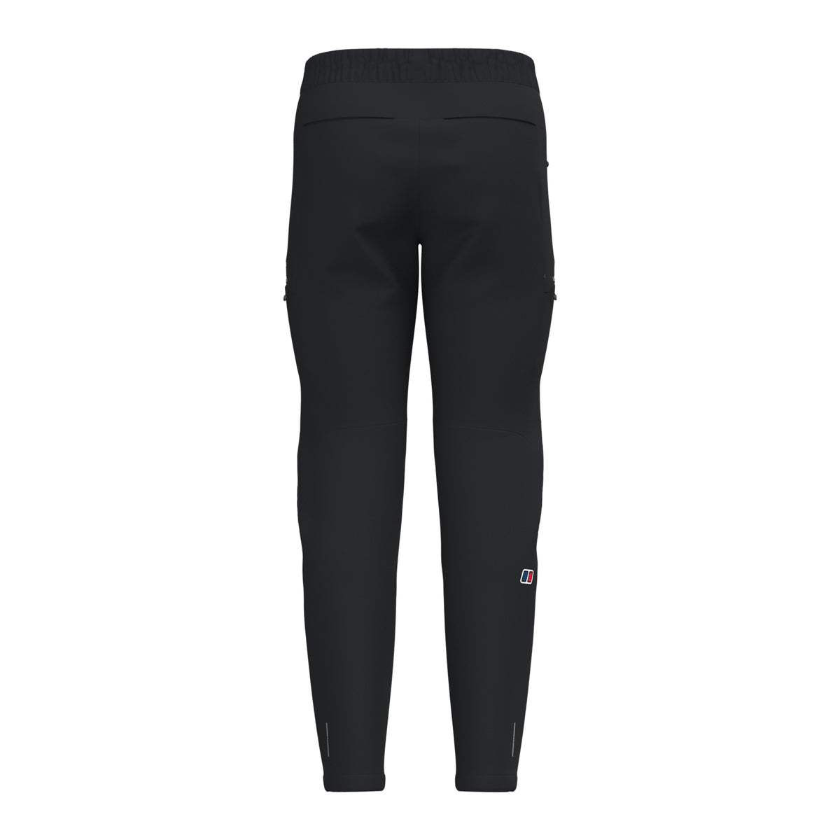 Black athletic pants rear view with elastic waistband and tapered ankle cuffs