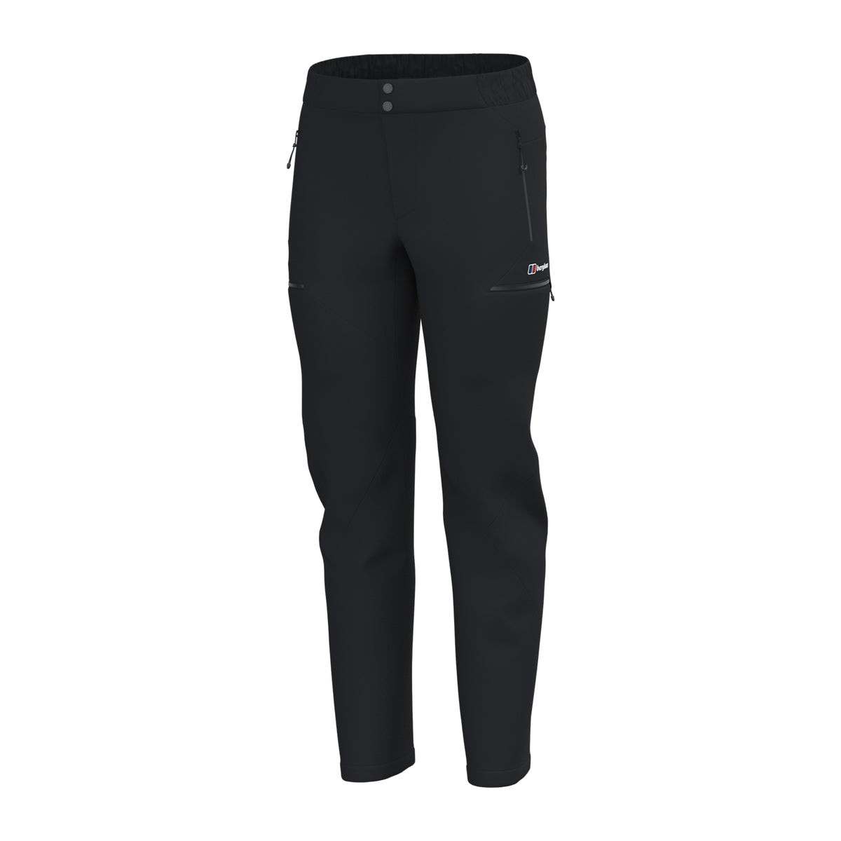 Black athletic pants side view with elastic waistband and small logo patch near thigh