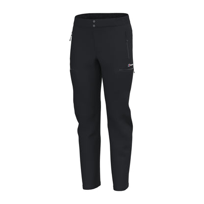 Black athletic pants side view with elastic waistband and small logo patch near thigh
