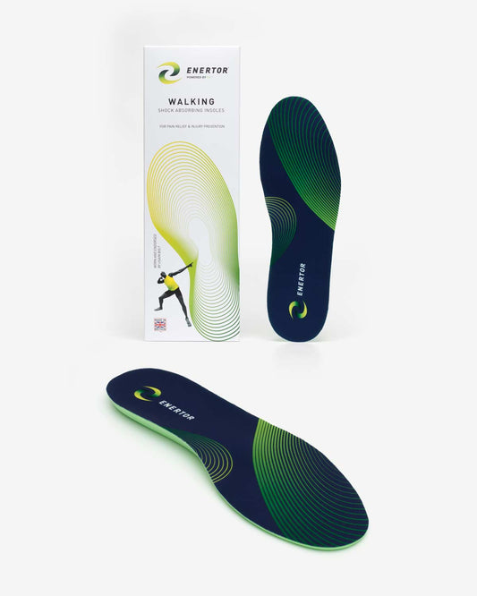 Walking insoles, dark navy top with green heel and arch cushioning lines