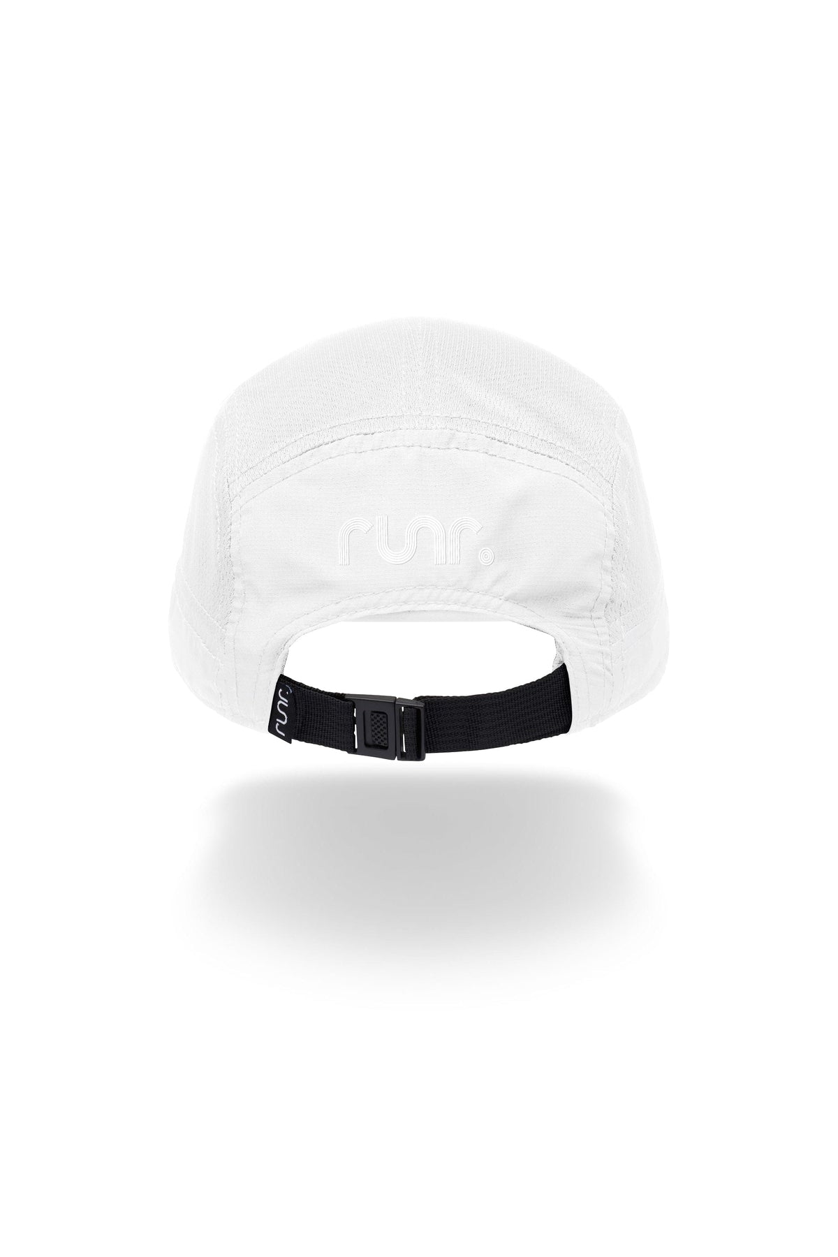 White running hat with adjustable black chin strap and interior lining