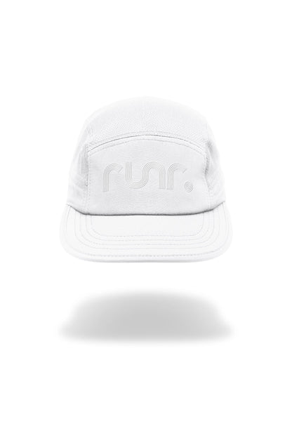 White technical running cap with Runr logo on the front panel