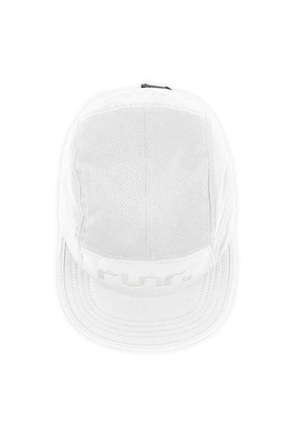 White technical running cap with back panel and small logo patch