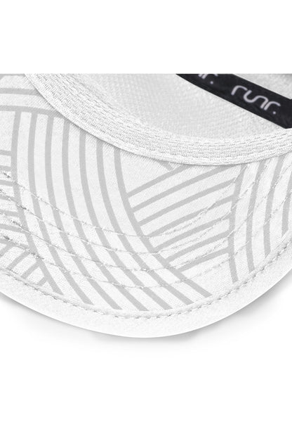 White technical running cap close-up with patterned side ventilation panel