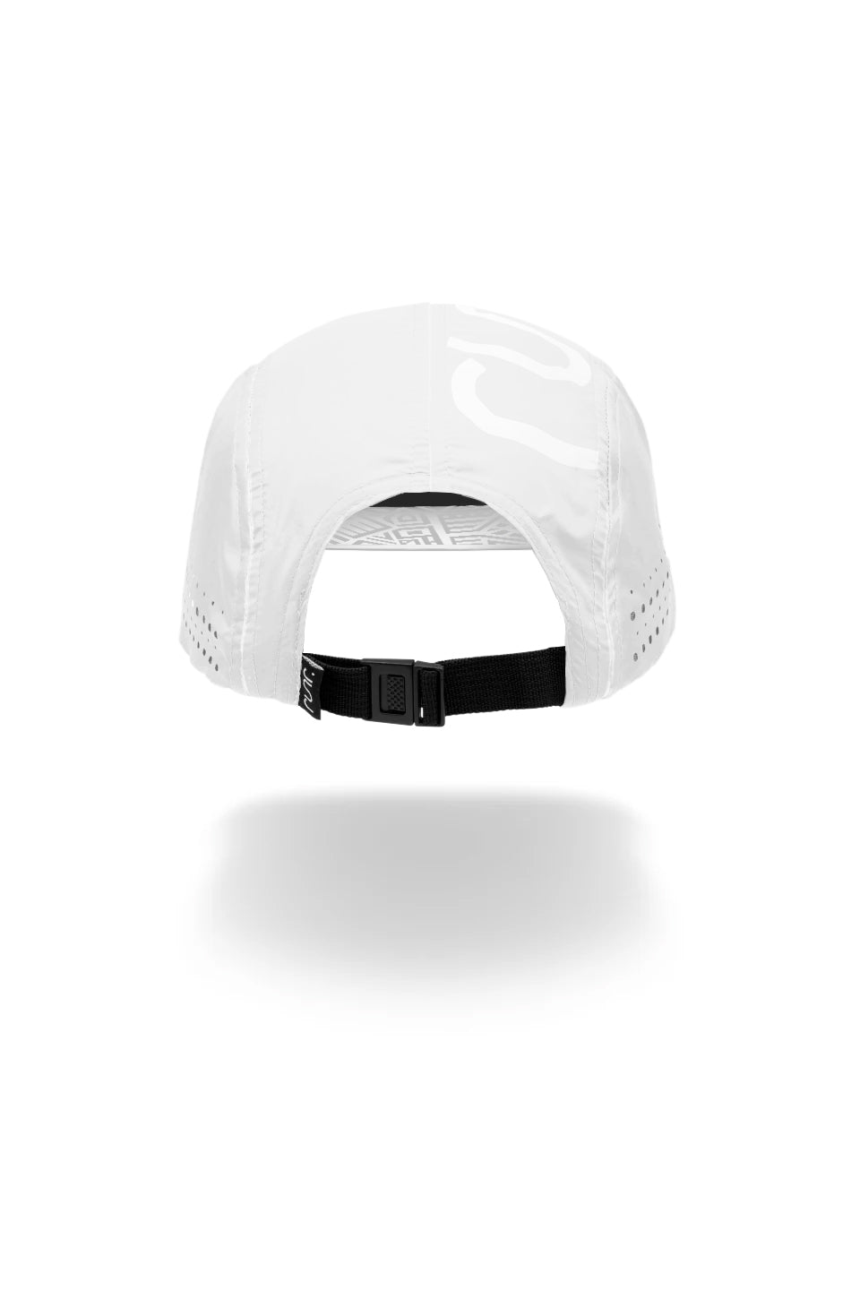 White running cap with adjustable black strap and back buckle