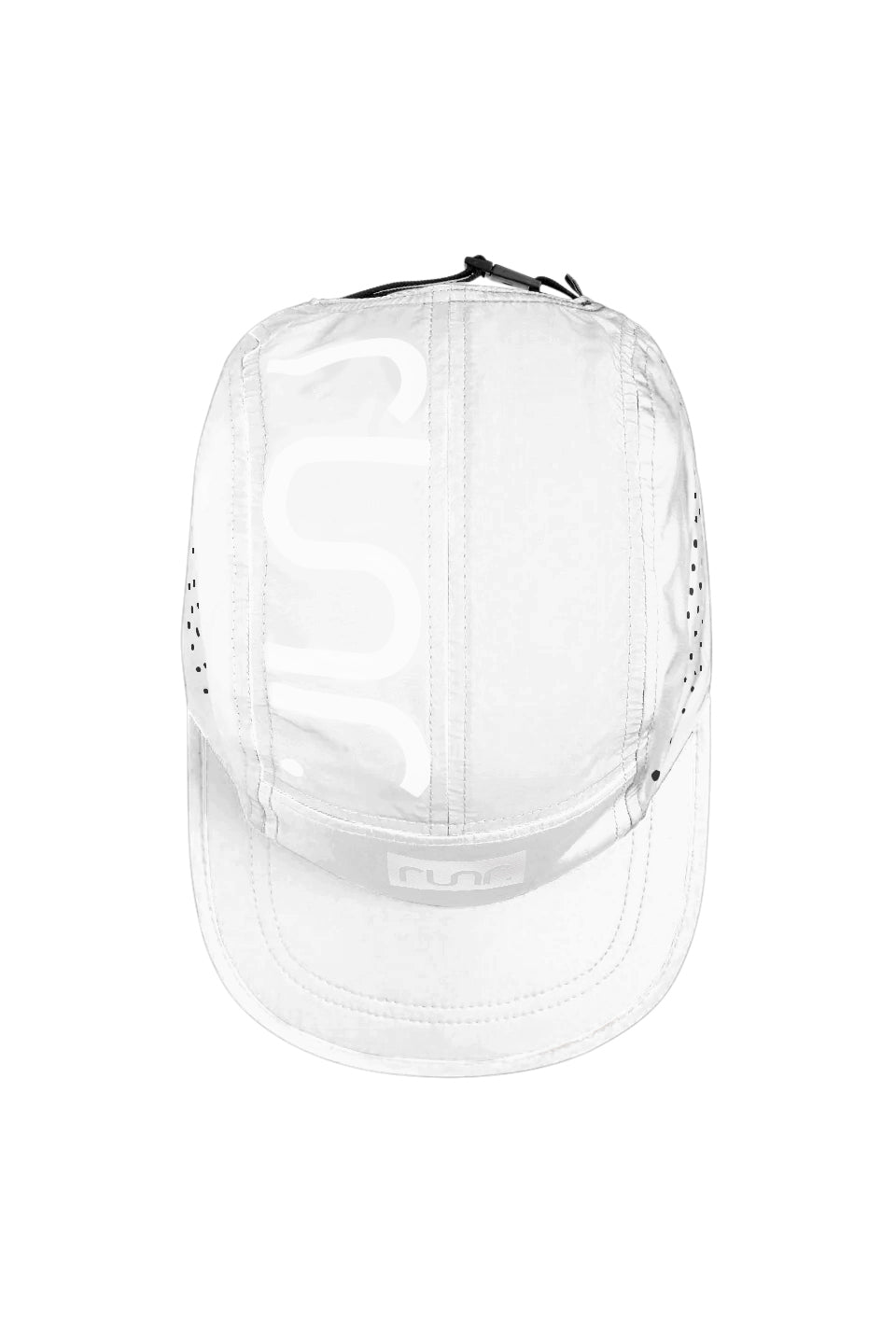 White technical running cap back panel with perforation eyelets and logo print
