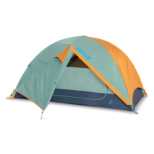 Kelty 2-person dome tent, teal and orange with front door and mesh window